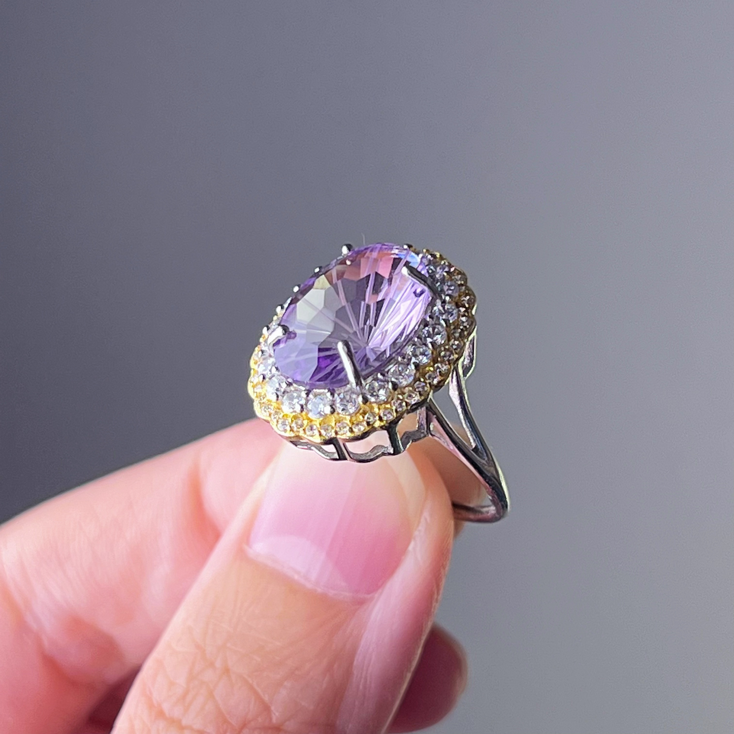 Amethyst Firework Oval Cut Silver and Gold Statement Ring-Ninaouity