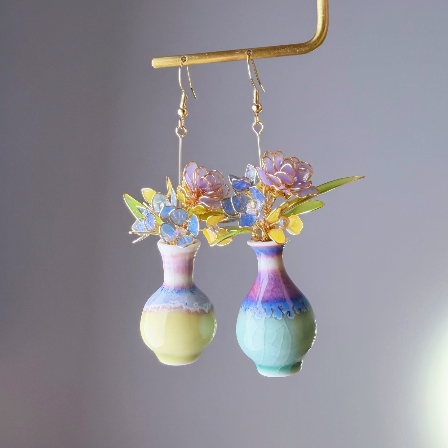 Handmade Purple Roses Hydrangeas and Daffodil in Ceramic Vase Earrings