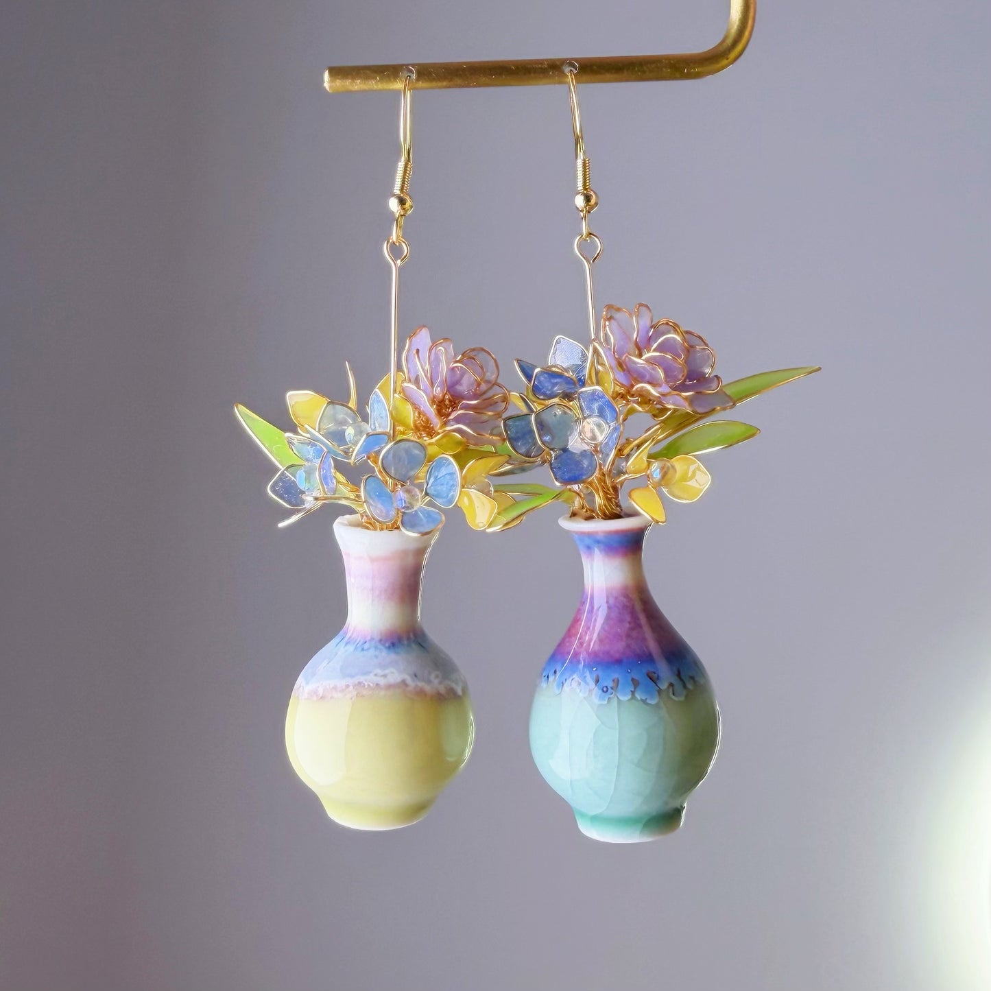 Handmade Purple Roses Hydrangeas and Daffodil in Ceramic Vase Earrings