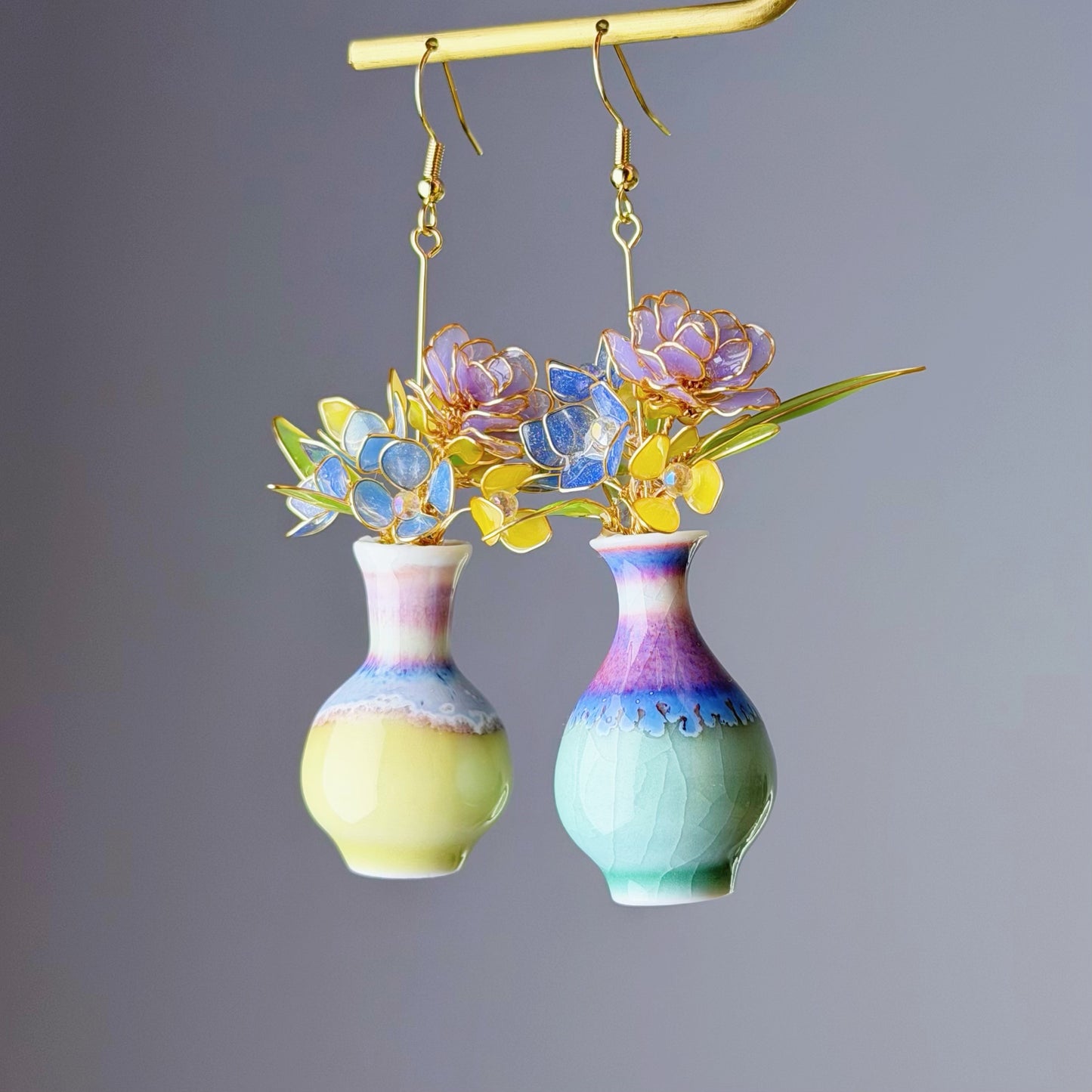 Handmade Purple Roses Hydrangeas and Daffodil in Ceramic Vase Earrings