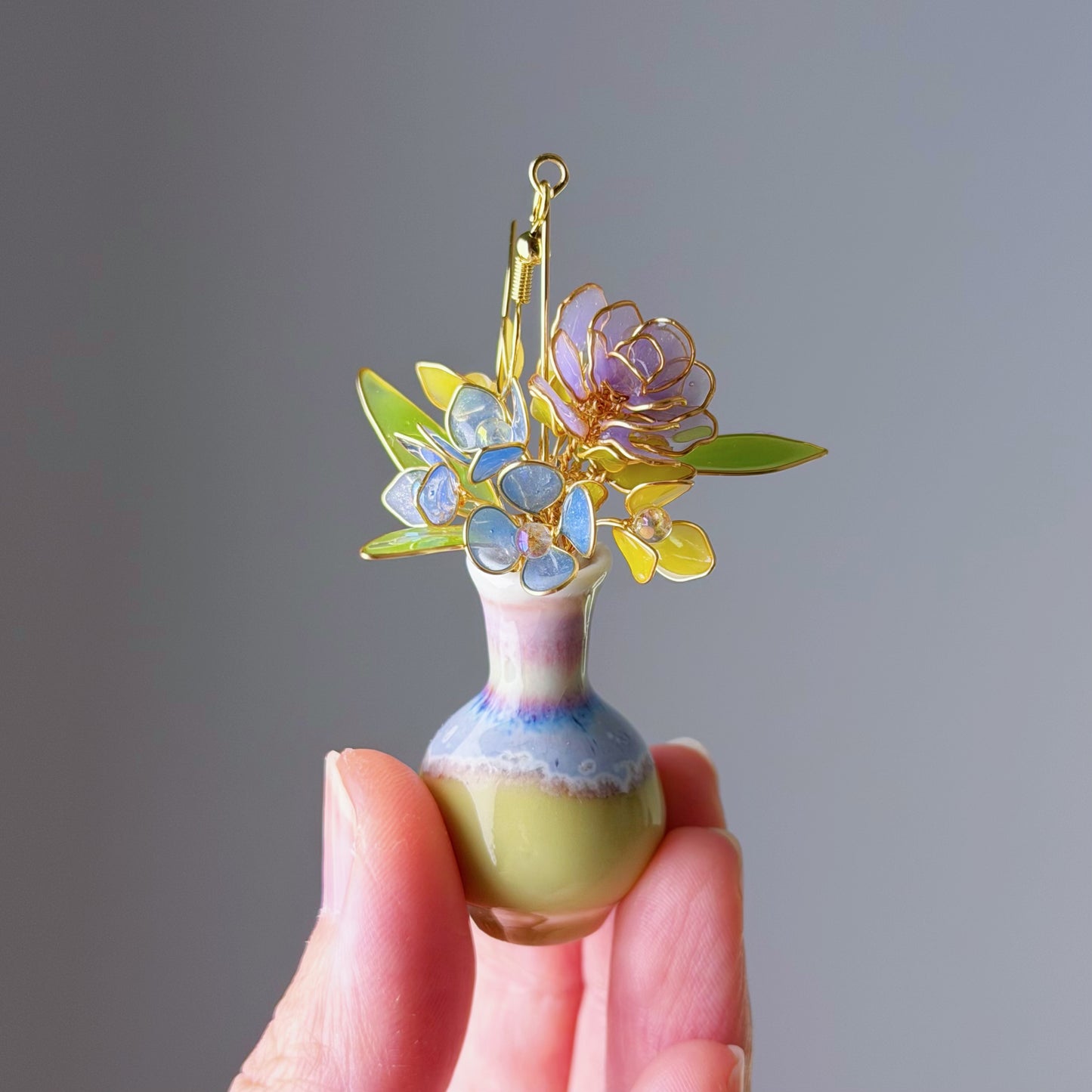 Handmade Purple Roses Hydrangeas and Daffodil in Ceramic Vase Earrings