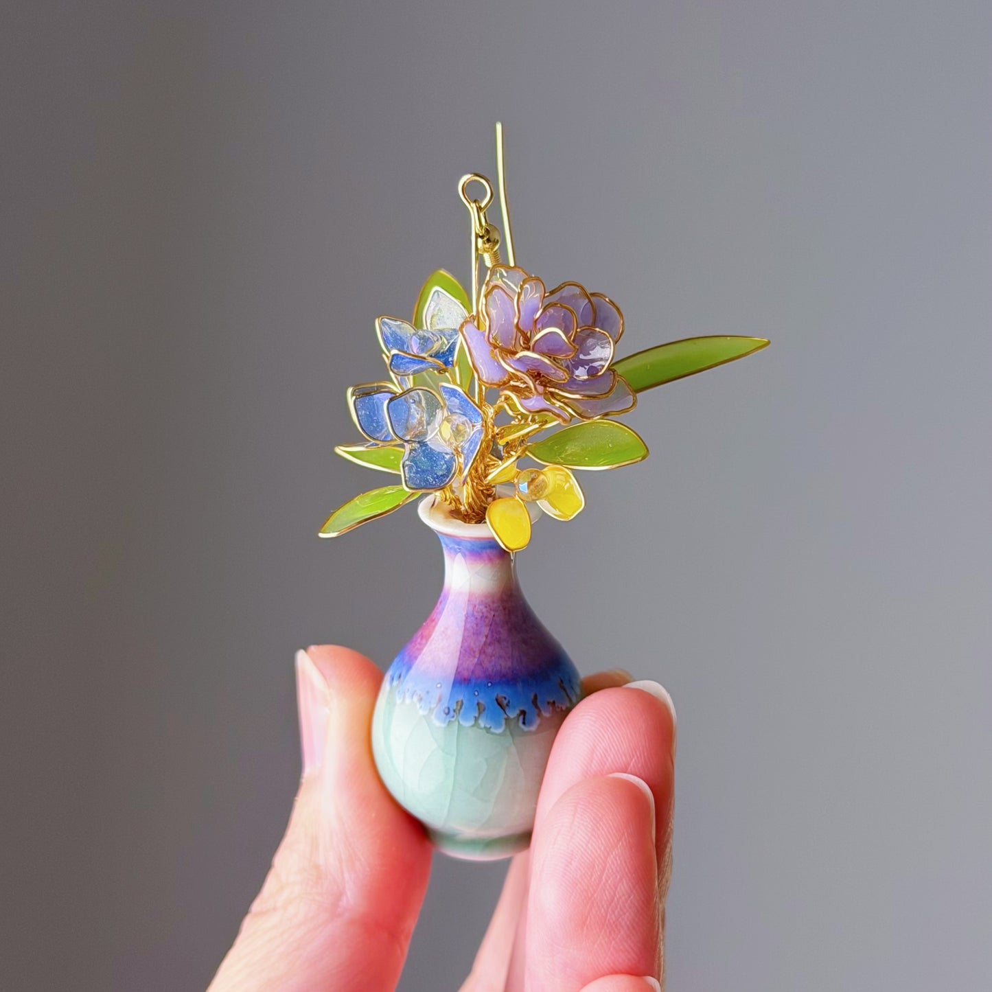 Handmade Purple Roses Hydrangeas and Daffodil in Ceramic Vase Earrings