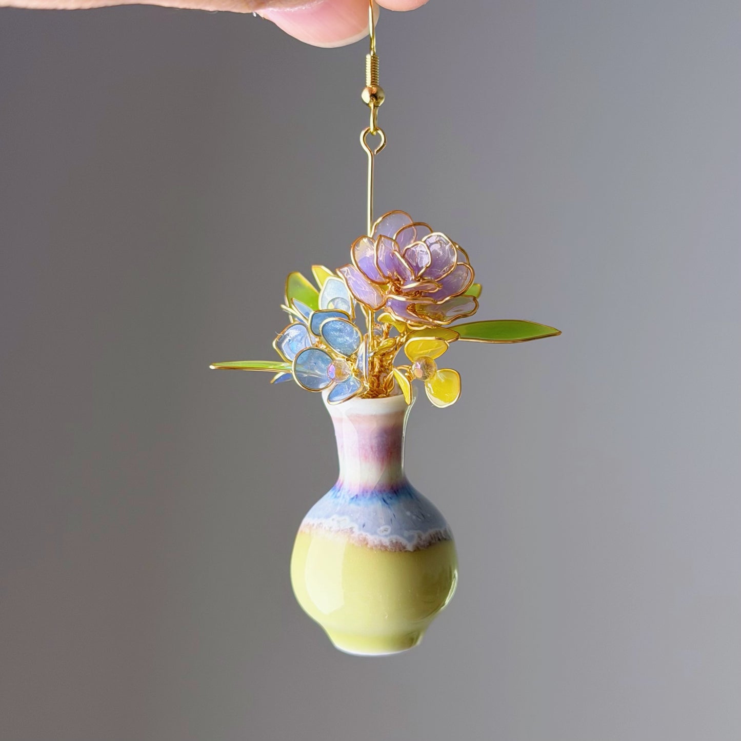 Handmade Purple Roses Hydrangeas and Daffodil in Ceramic Vase Earrings