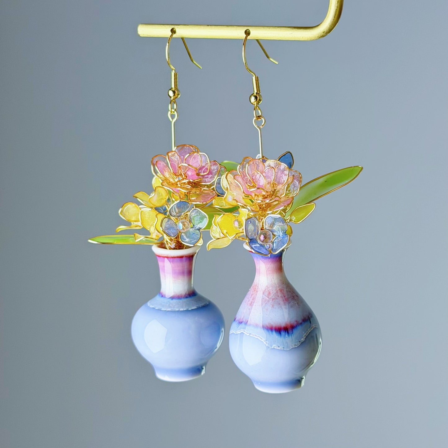 Handmade Purple Roses Hydrangeas and Daffodil in Ceramic Vase Earrings