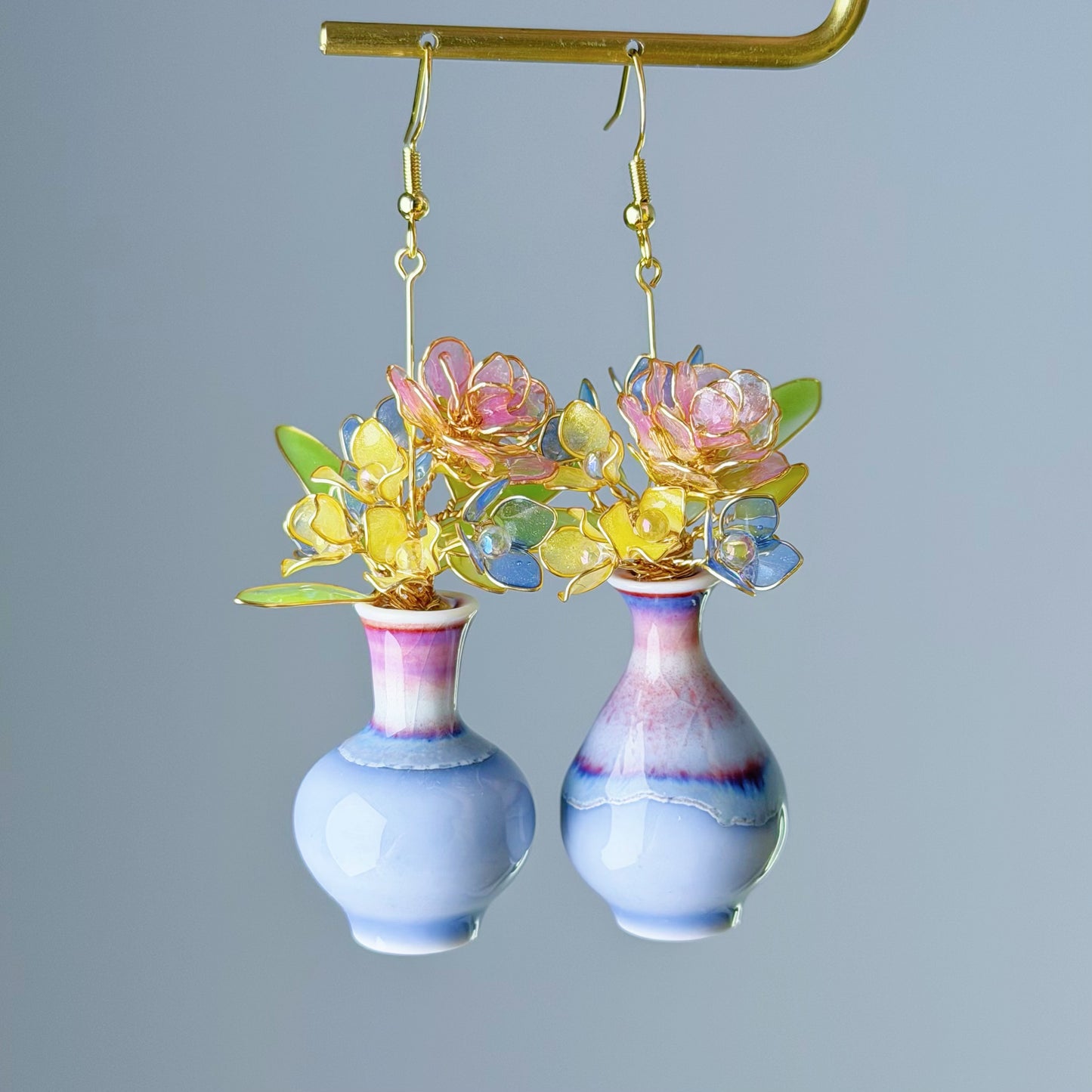 Handmade Purple Roses Hydrangeas and Daffodil in Ceramic Vase Earrings
