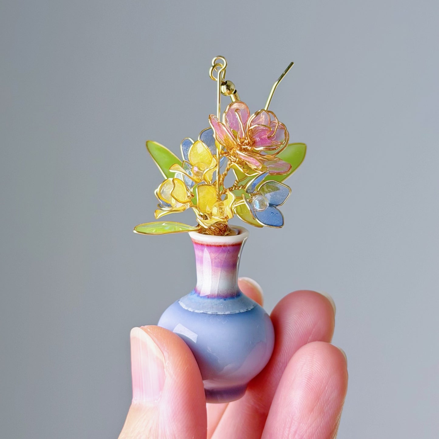 Handmade Purple Roses Hydrangeas and Daffodil in Ceramic Vase Earrings