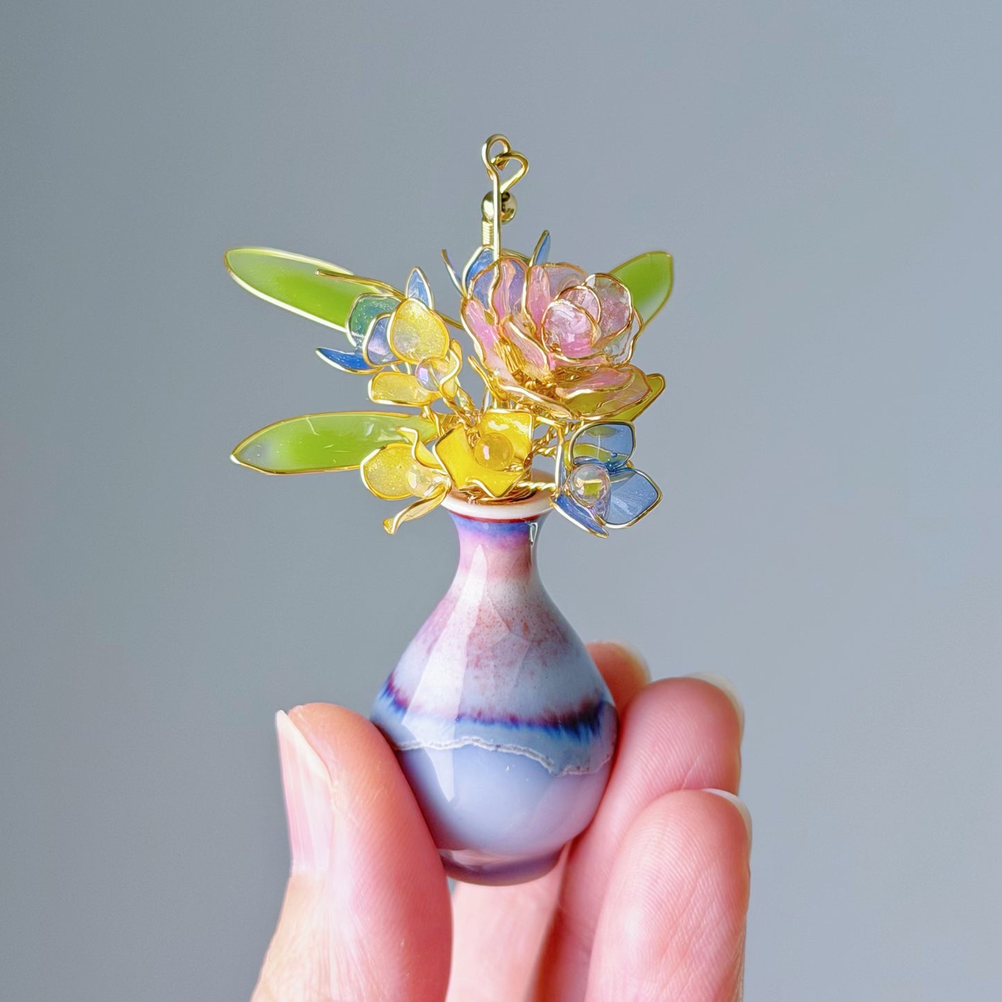 Handmade Purple Roses Hydrangeas and Daffodil in Ceramic Vase Earrings