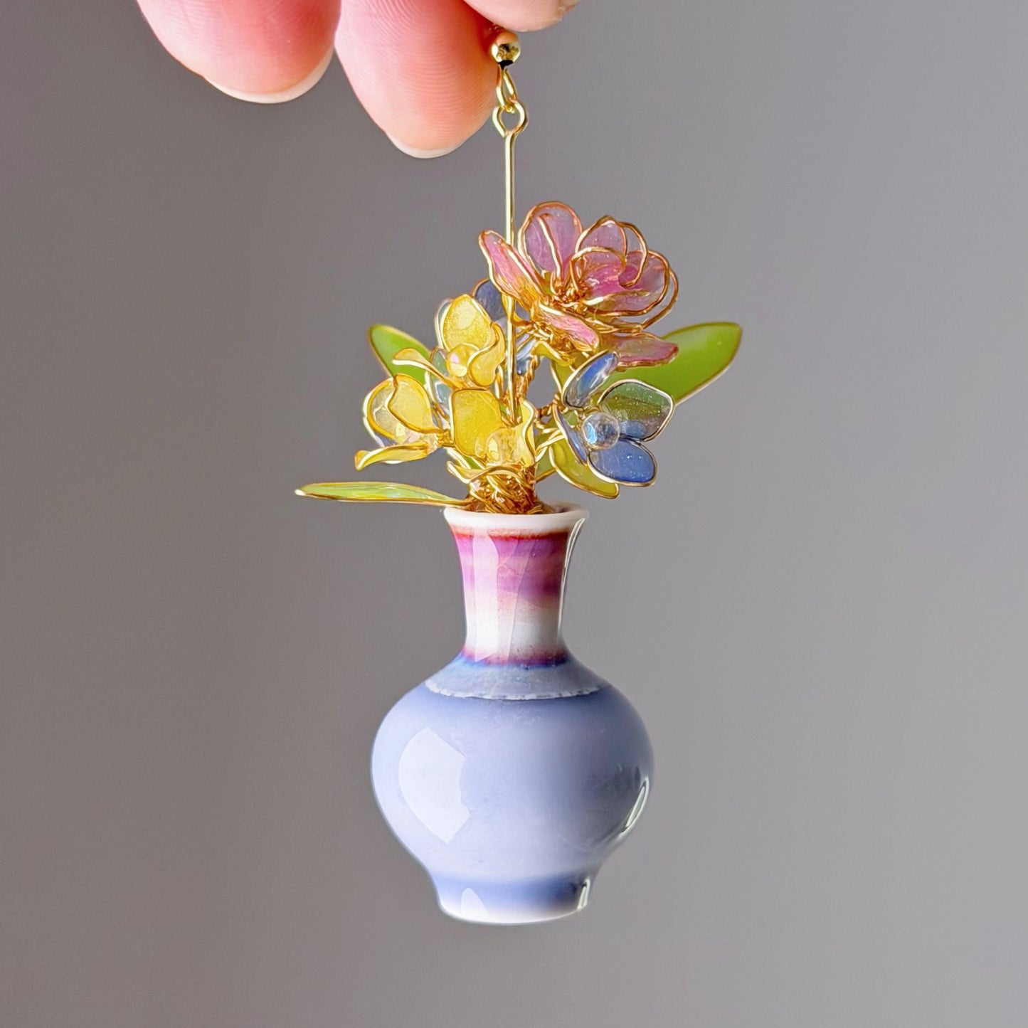 Handmade Purple Roses Hydrangeas and Daffodil in Ceramic Vase Earrings