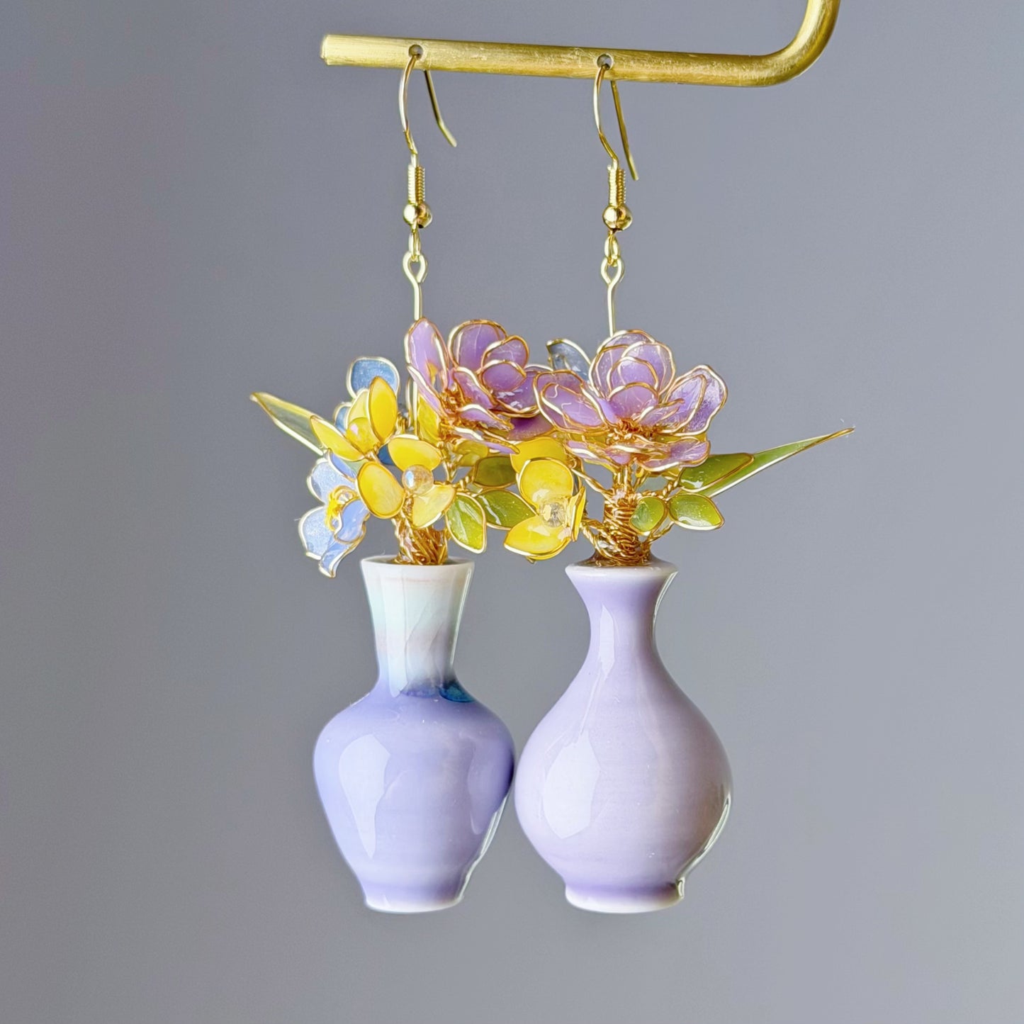 Handmade Purple Roses Hydrangeas and Daffodil in Ceramic Vase Earrings