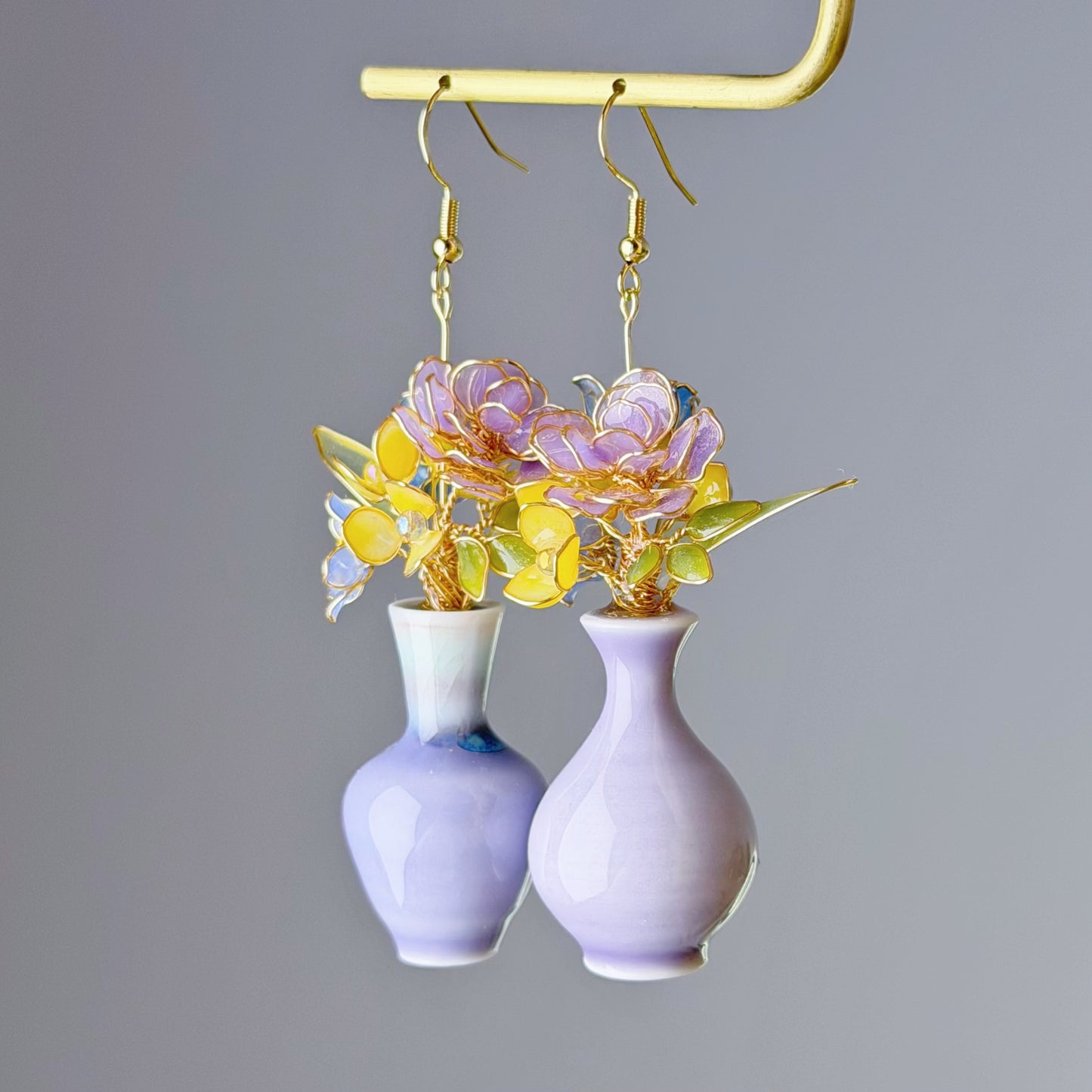 Handmade Purple Roses Hydrangeas and Daffodil in Ceramic Vase Earrings