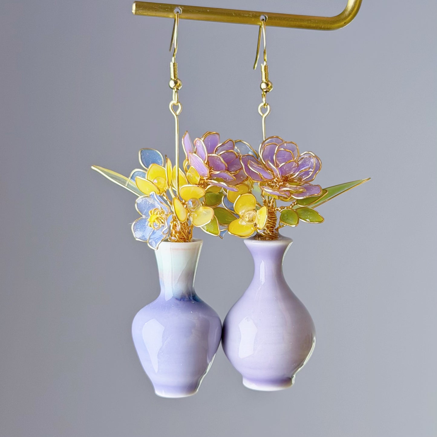 Handmade Purple Roses Hydrangeas and Daffodil in Ceramic Vase Earrings