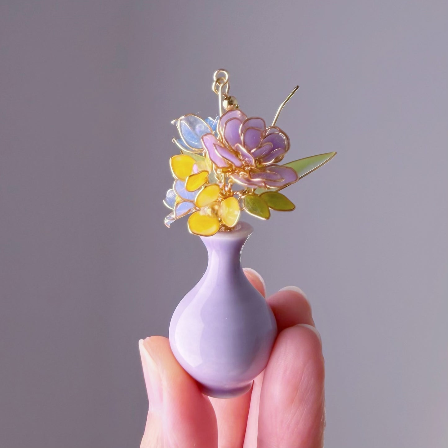 Handmade Purple Roses Hydrangeas and Daffodil in Ceramic Vase Earrings