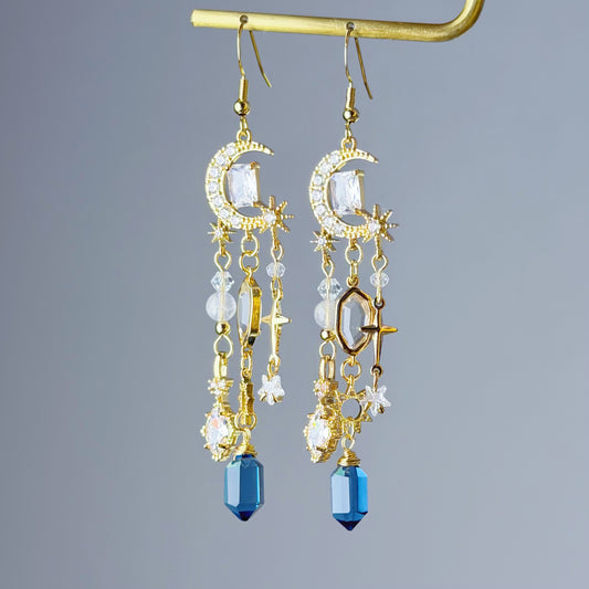 Crescent Moon and Shiny Stars with London Blue Quartz Drop Earrings