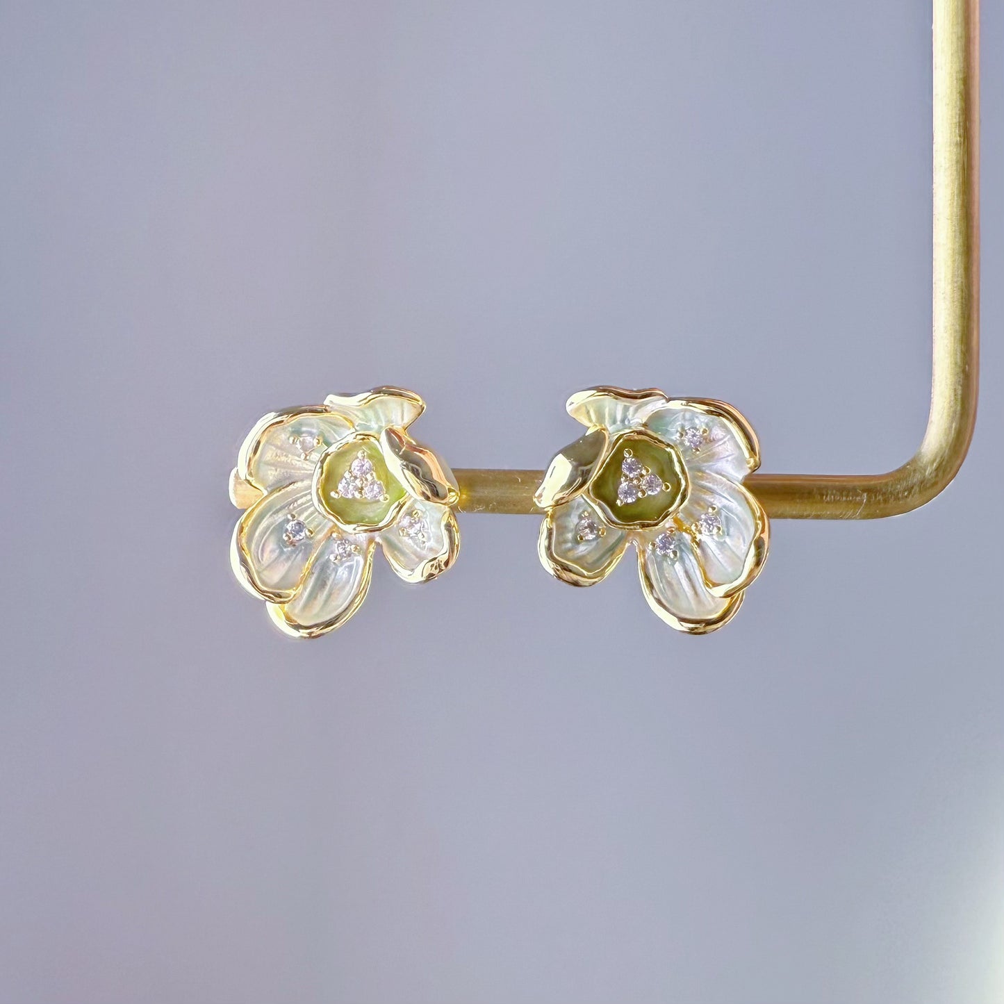 Olive Green Primrose Flower Stud Earrings-Ninaouity