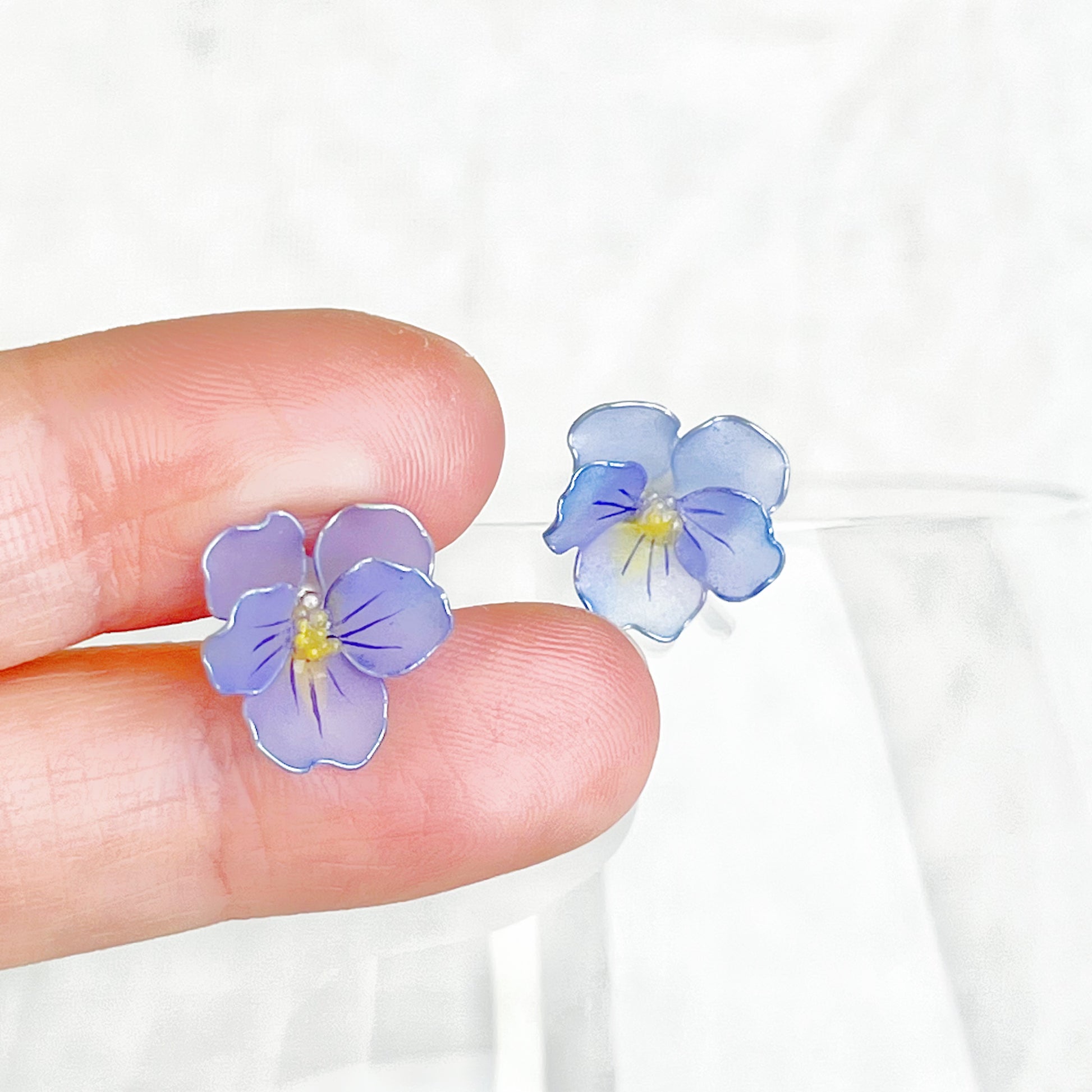 Handmade Spring Blue Pansy Flower Earrings-Ninaouity