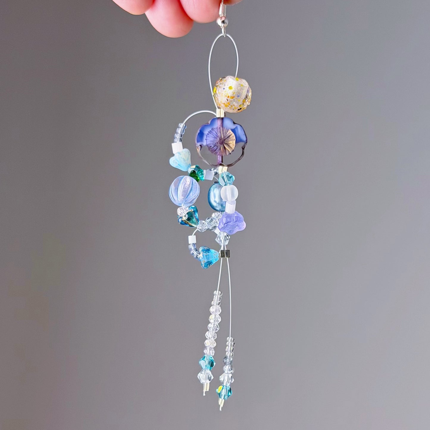 Handmade Purple Blue Flowers Glass Beads in Loops Earrings