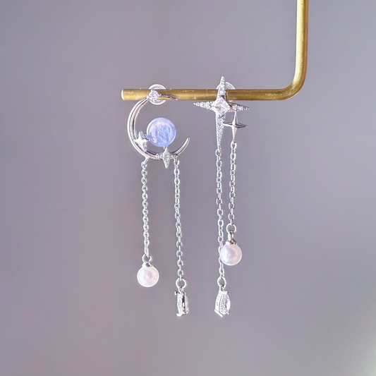 Silver Crystal Moon and Polaris Drop Earrings