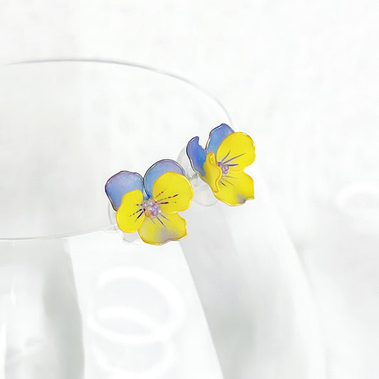 Handmade Spring Purple and Yellow Pansy Flower Earrings-Ninaouity