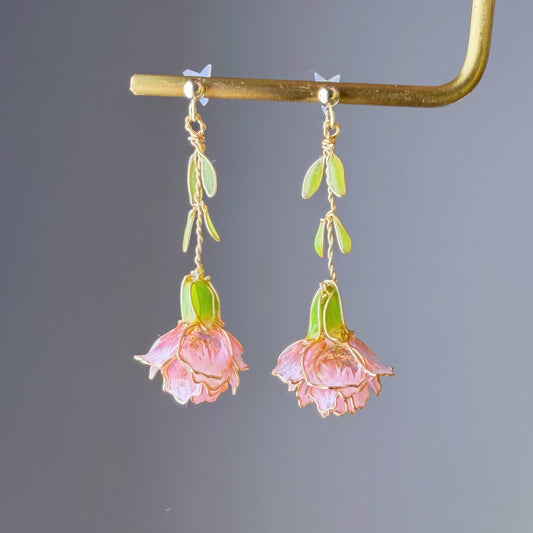 Handmade Pink Carnation Flower Dangle Drop Earrings