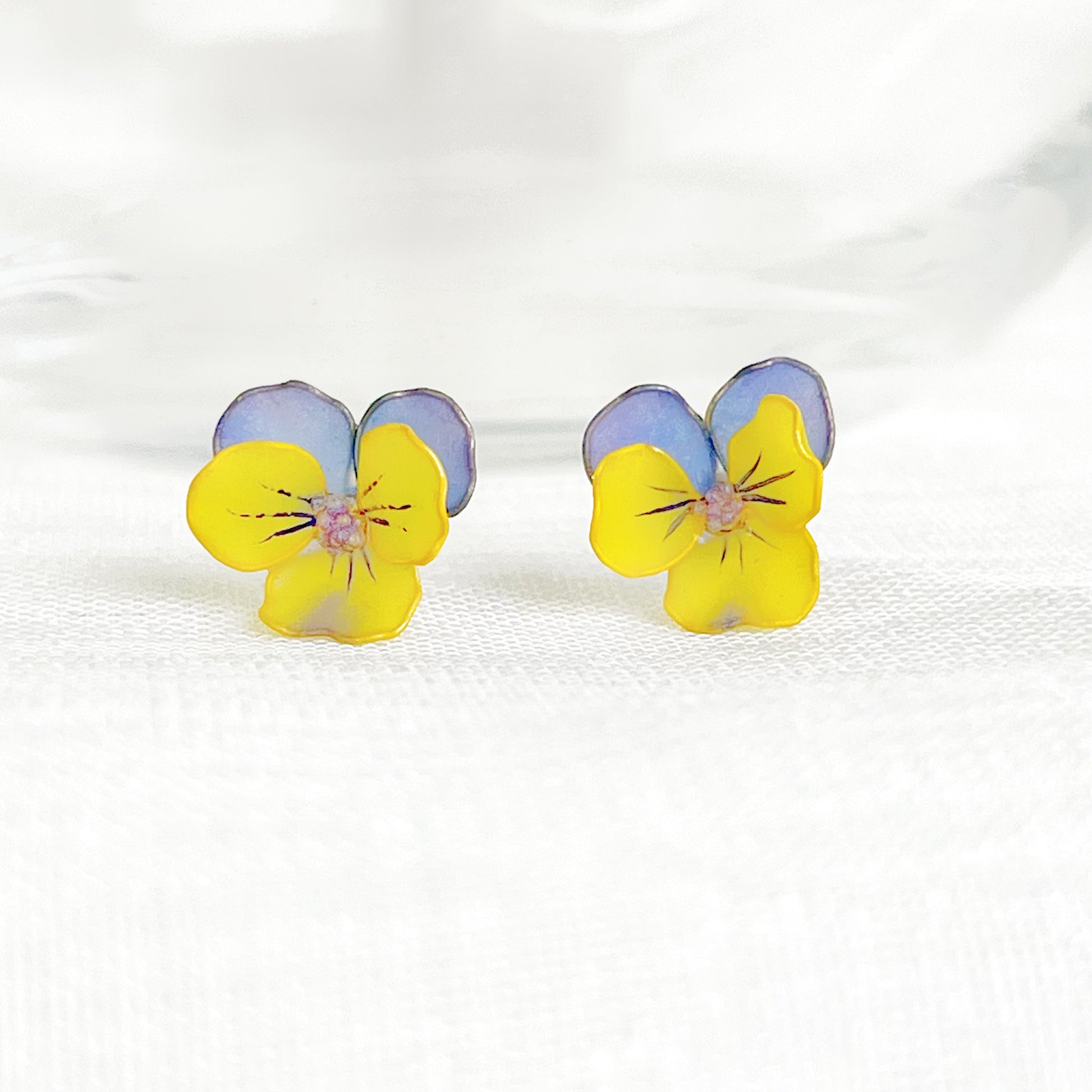 Handmade Spring Purple and Yellow Pansy Flower Earrings-Ninaouity