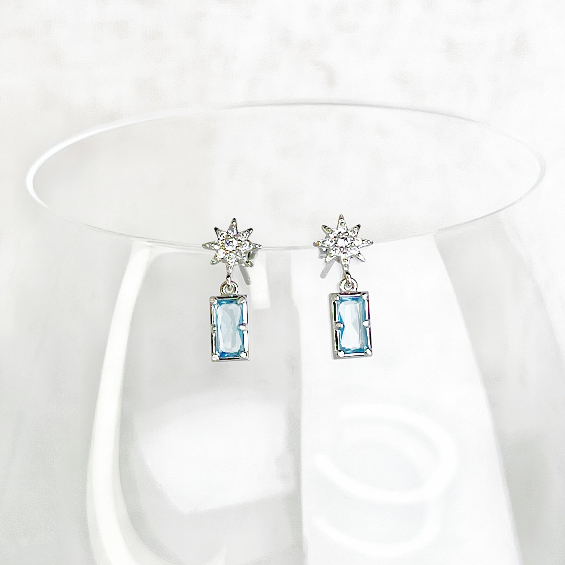 Silver Pole Star and Blue Square Crystal Earrings-Ninaouity