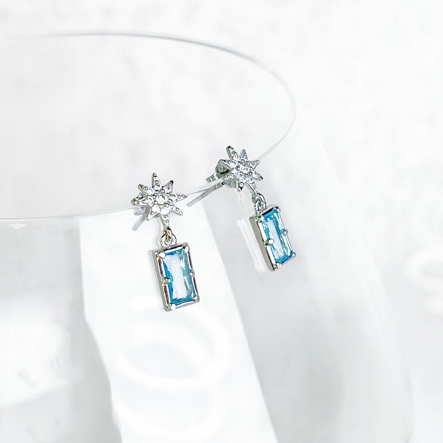 Silver Pole Star and Blue Square Crystal Earrings-Ninaouity