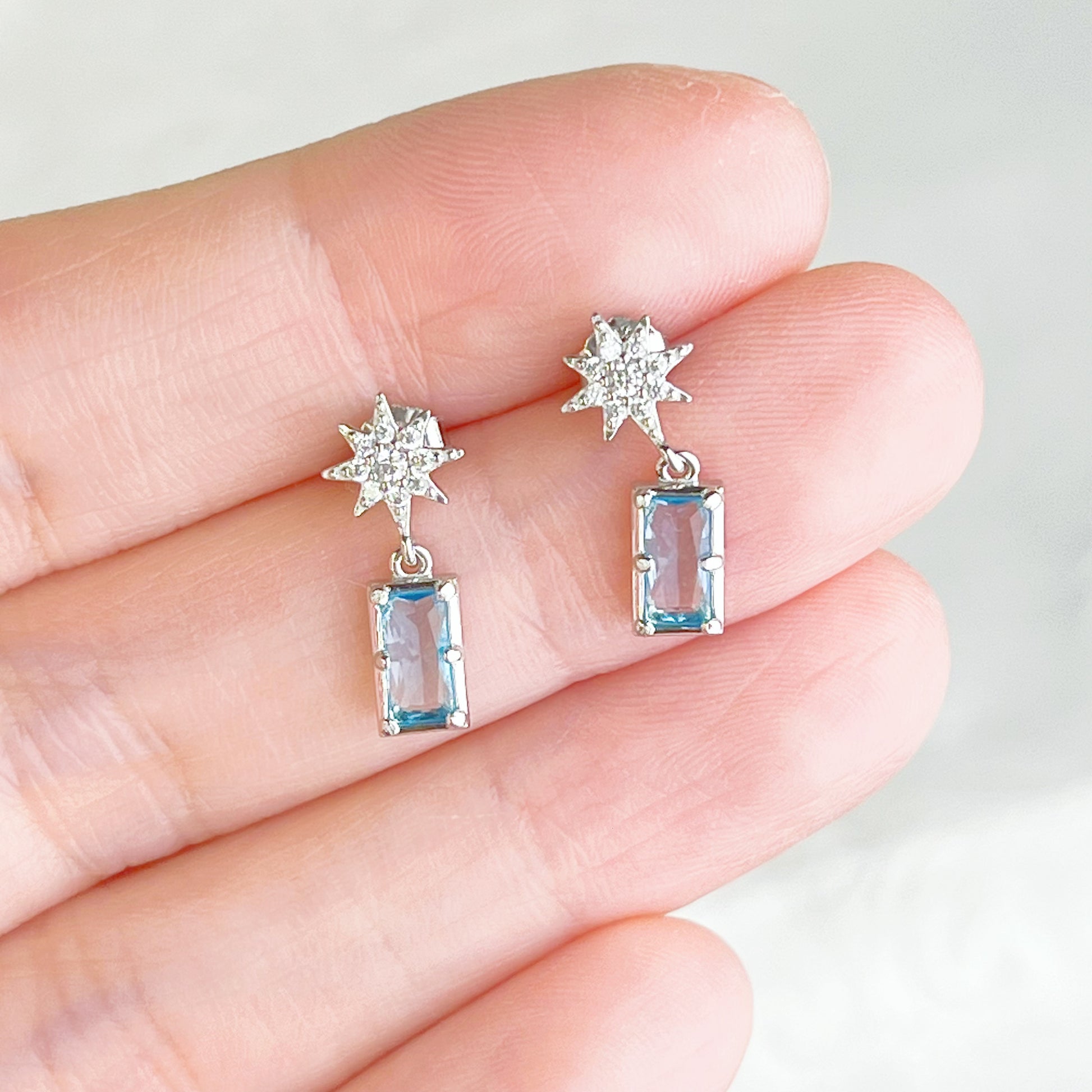 Silver Pole Star and Blue Square Crystal Earrings-Ninaouity