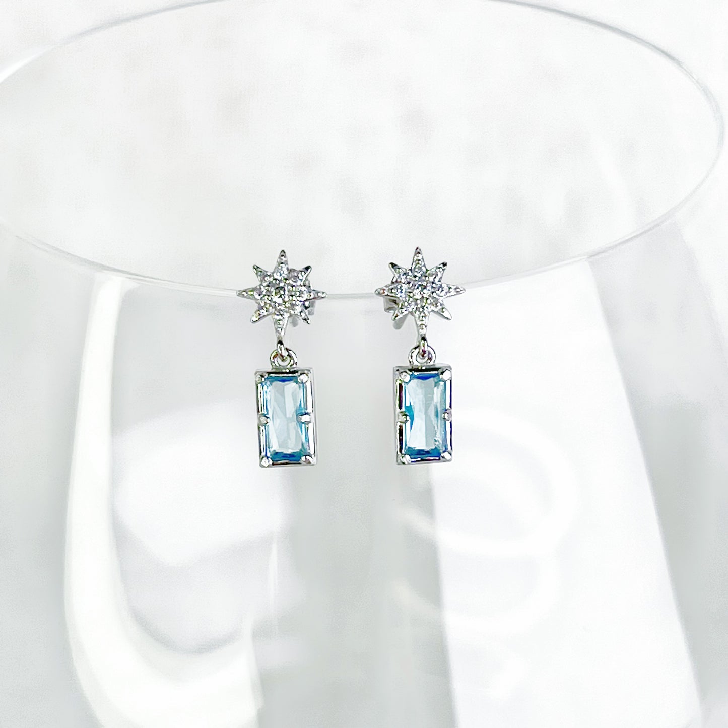 Silver Pole Star and Blue Square Crystal Earrings-Ninaouity