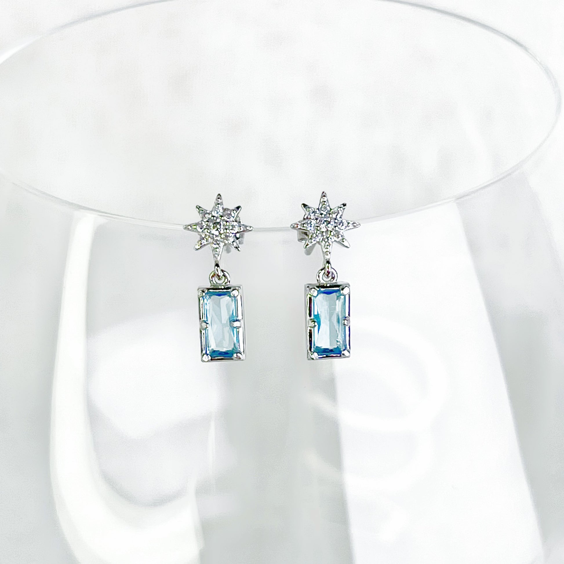 Silver Pole Star and Blue Square Crystal Earrings-Ninaouity