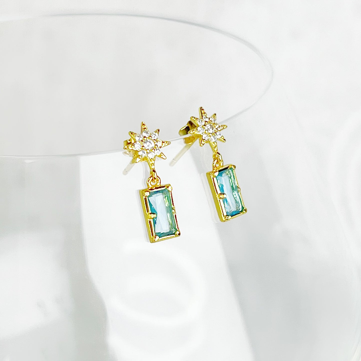 Gold Pole Star and Blue Square Crystal Earrings-Ninaouity