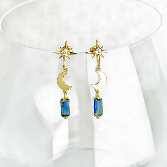 Gold Moon and Star Navy Crystal Earrings-Ninaouity