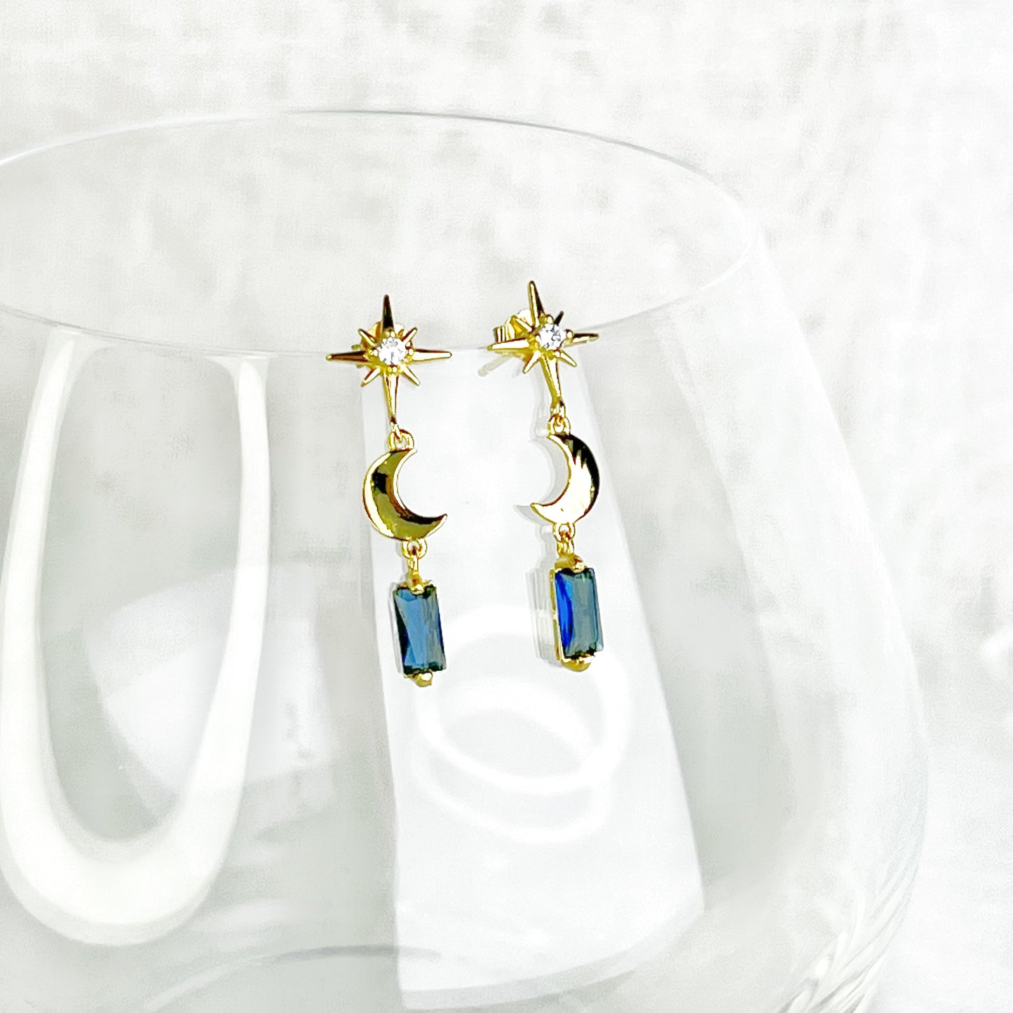 Gold Moon and Star Navy Crystal Earrings-Ninaouity