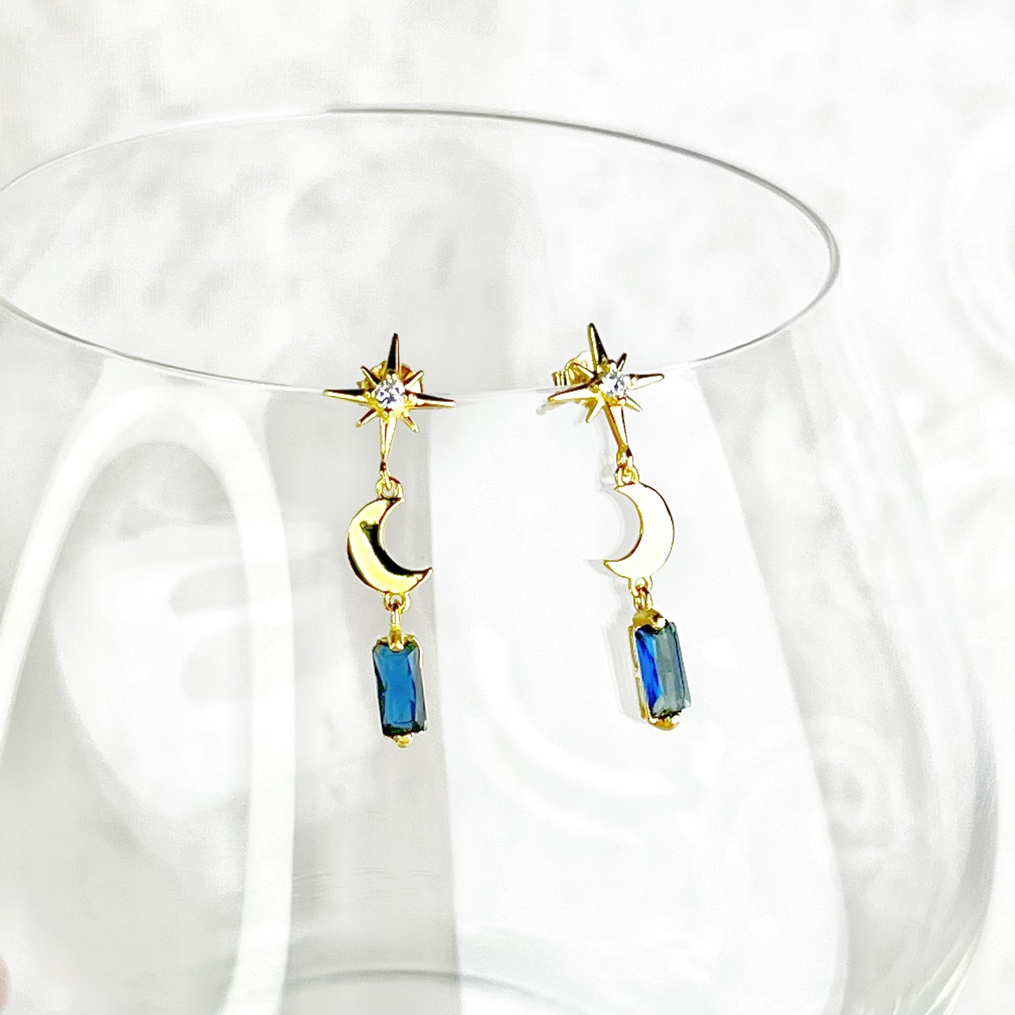 Gold Moon and Star Navy Crystal Earrings-Ninaouity