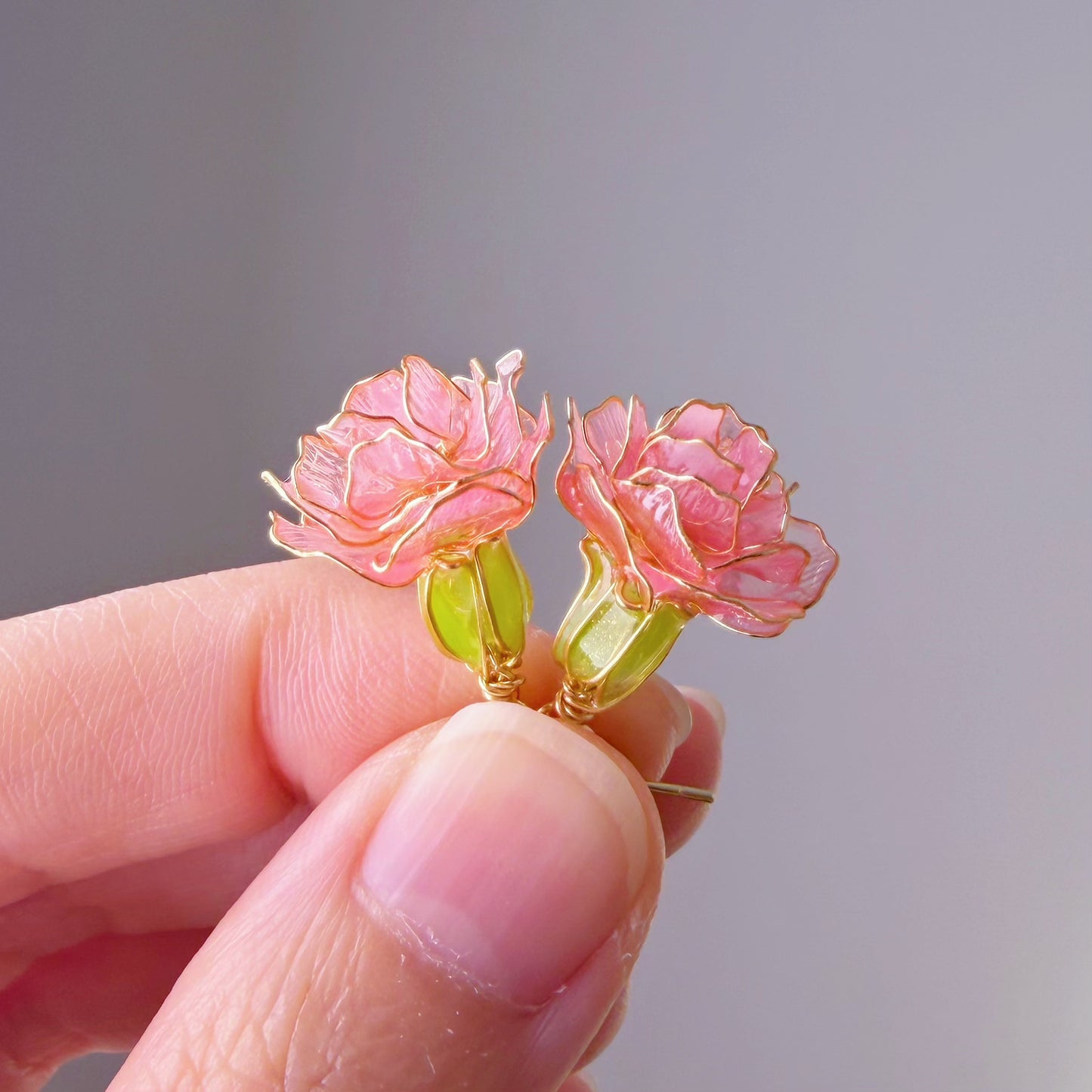 Handmade Pink Carnation Flower Stud Earrings