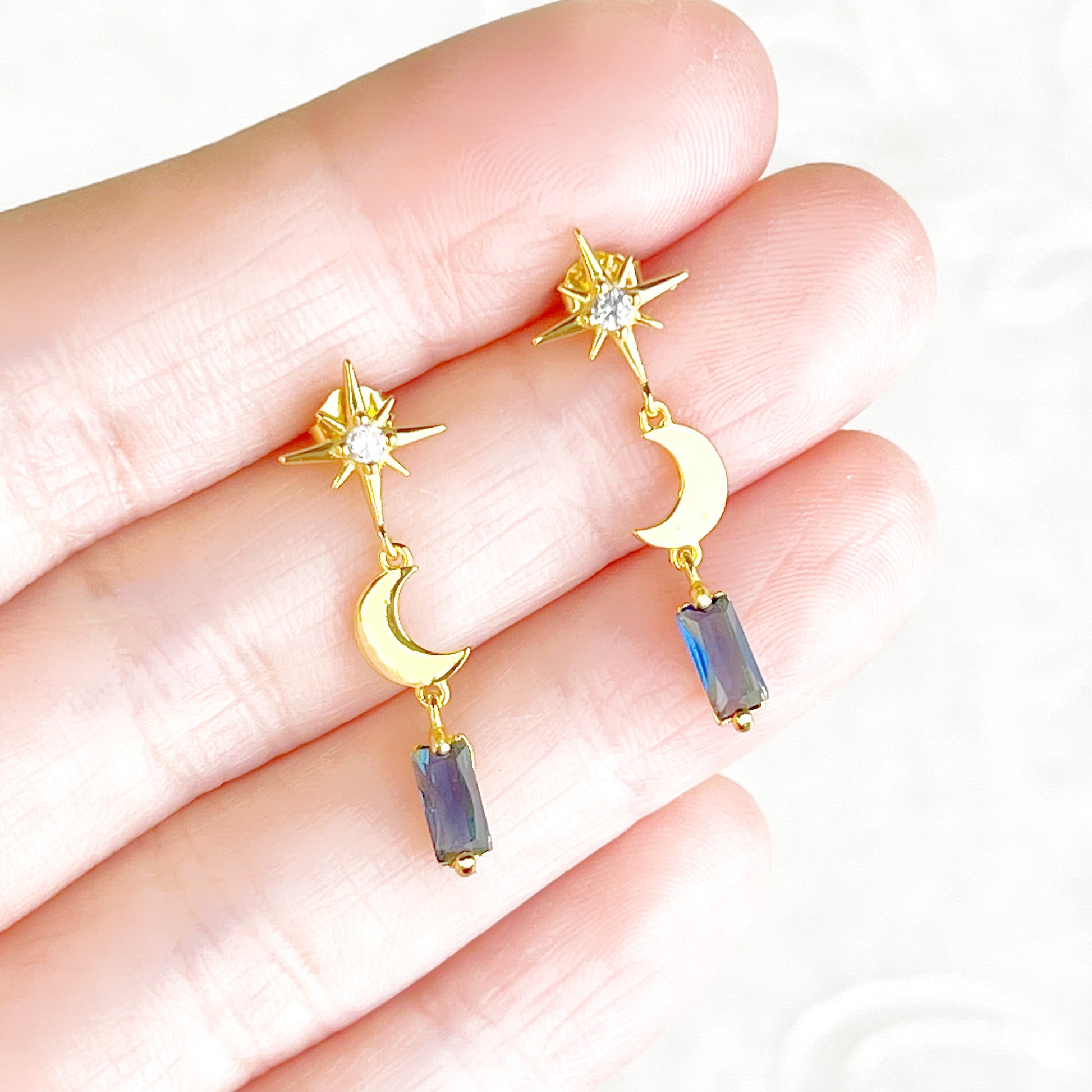 Gold Moon and Star Navy Crystal Earrings-Ninaouity