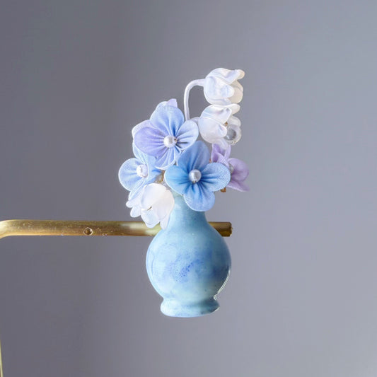 Handmade Blue Hydrangeas and Lily of the Valley Flowers in Vase Brooch