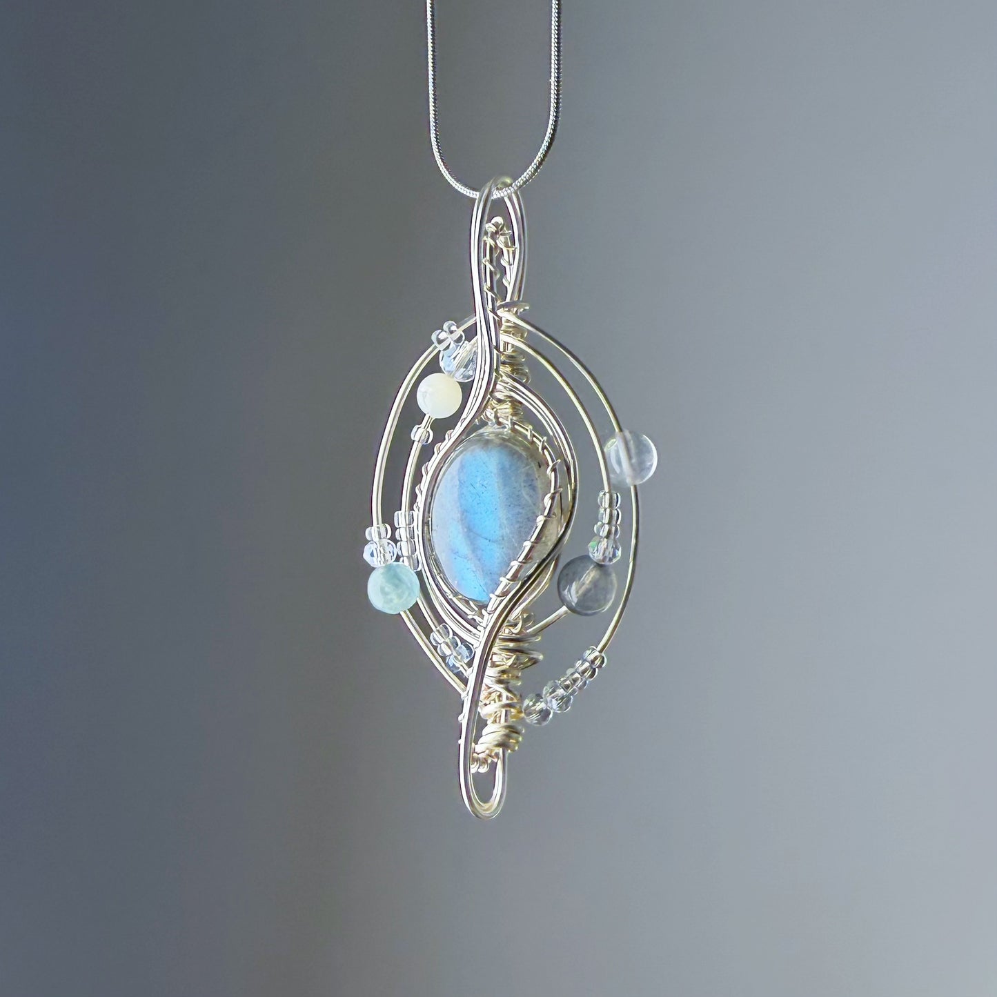 Quartzberry - Natural Labradorite Crystal Solar System Planet Shape Wire Wrapped Necklace - One-of-a-kind