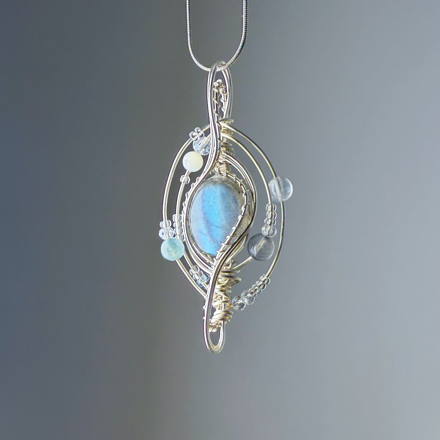Quartzberry - Natural Labradorite Crystal Solar System Planet Shape Wire Wrapped Necklace - One-of-a-kind