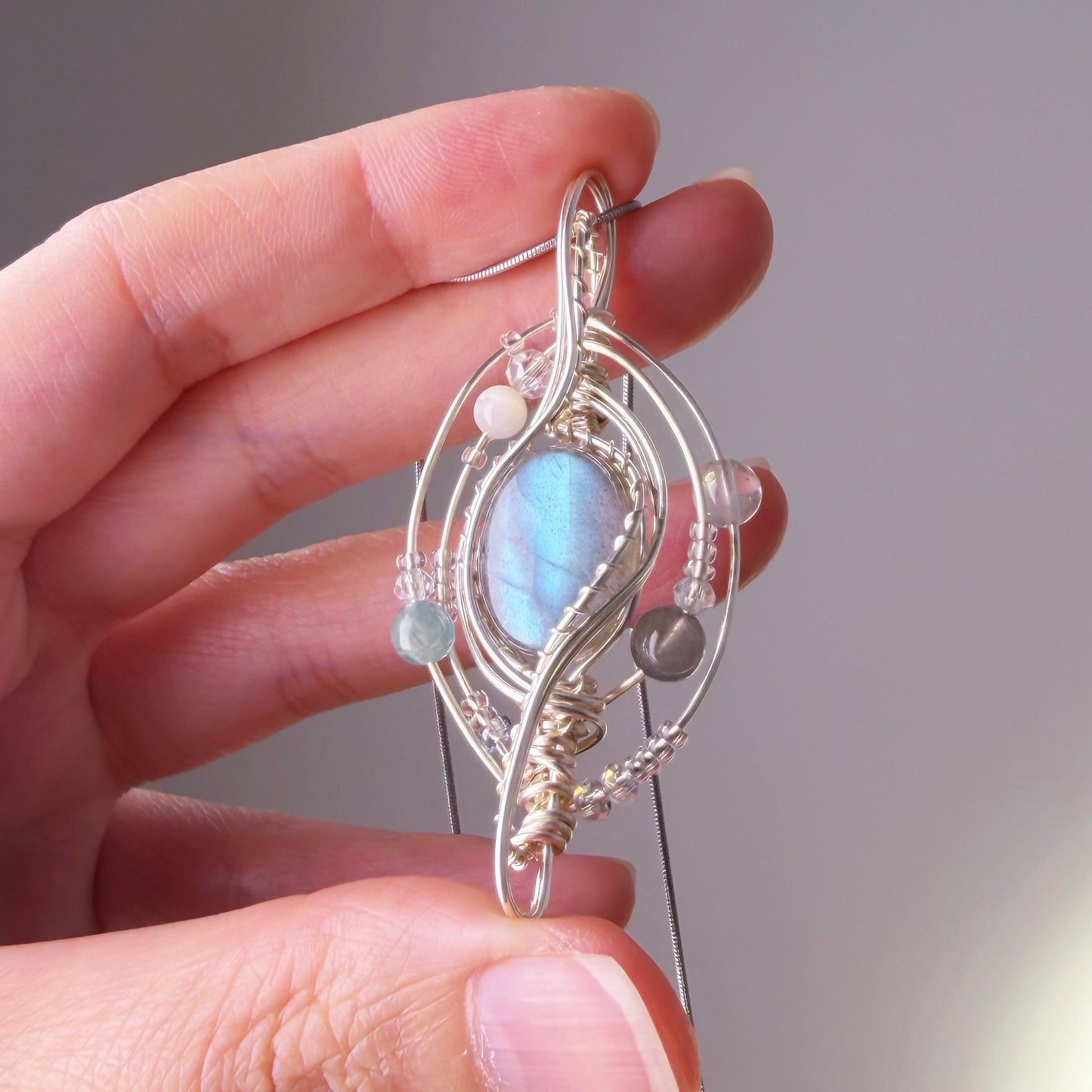 Quartzberry - Natural Labradorite Crystal Solar System Planet Shape Wire Wrapped Necklace - One-of-a-kind