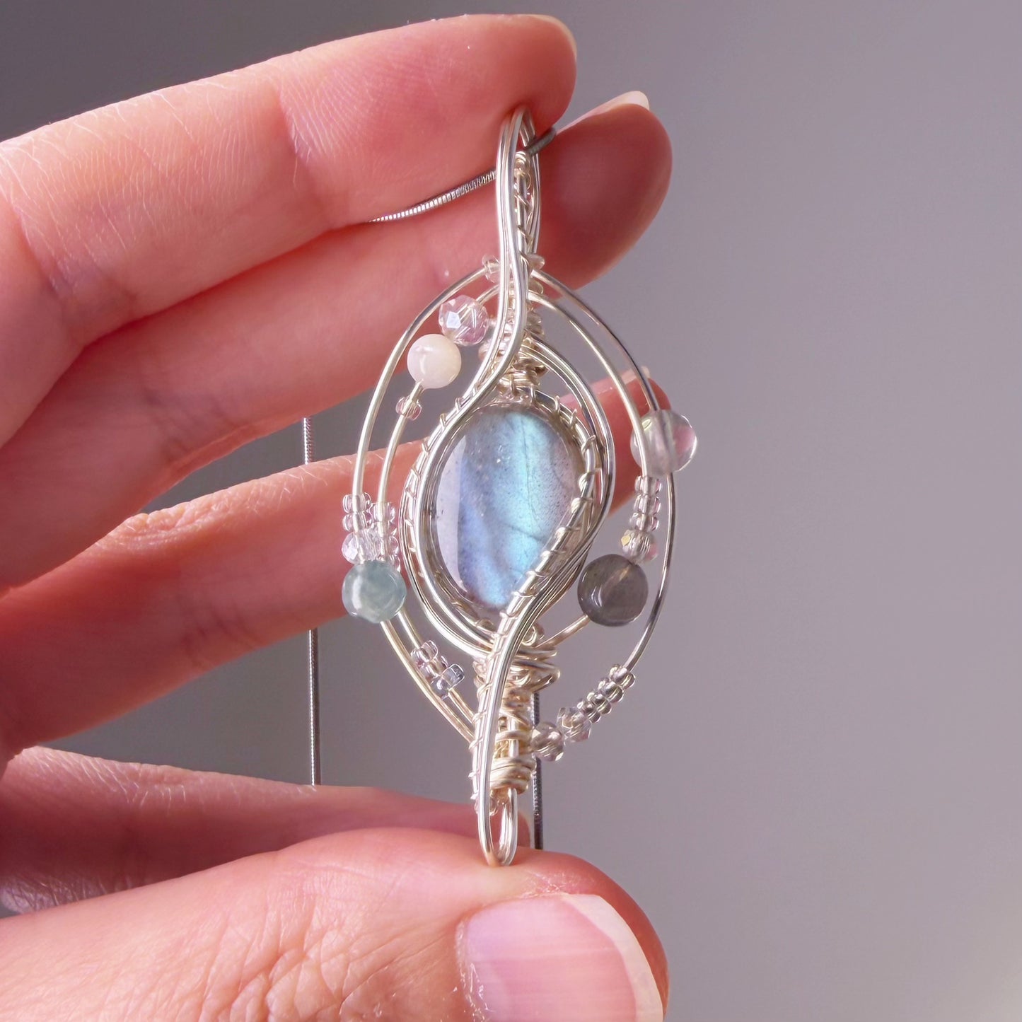 Quartzberry - Natural Labradorite Crystal Solar System Planet Shape Wire Wrapped Necklace - One-of-a-kind