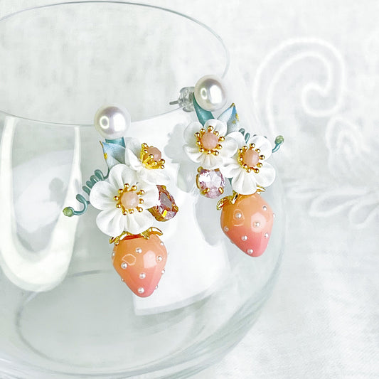 Pink Strawberry and Fabric Flowers Earrings-Ninaouity