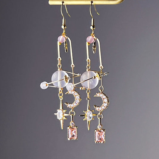 Pink Rose Quartz Planet Moon and Pole Star Earrings-Ninaouity