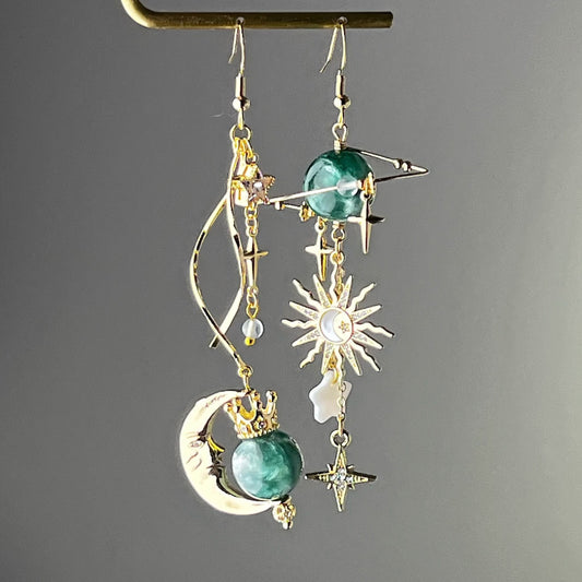 Emerald Green Lepidolite Planet Crown Moon and Sun Earrings-Ninaouity