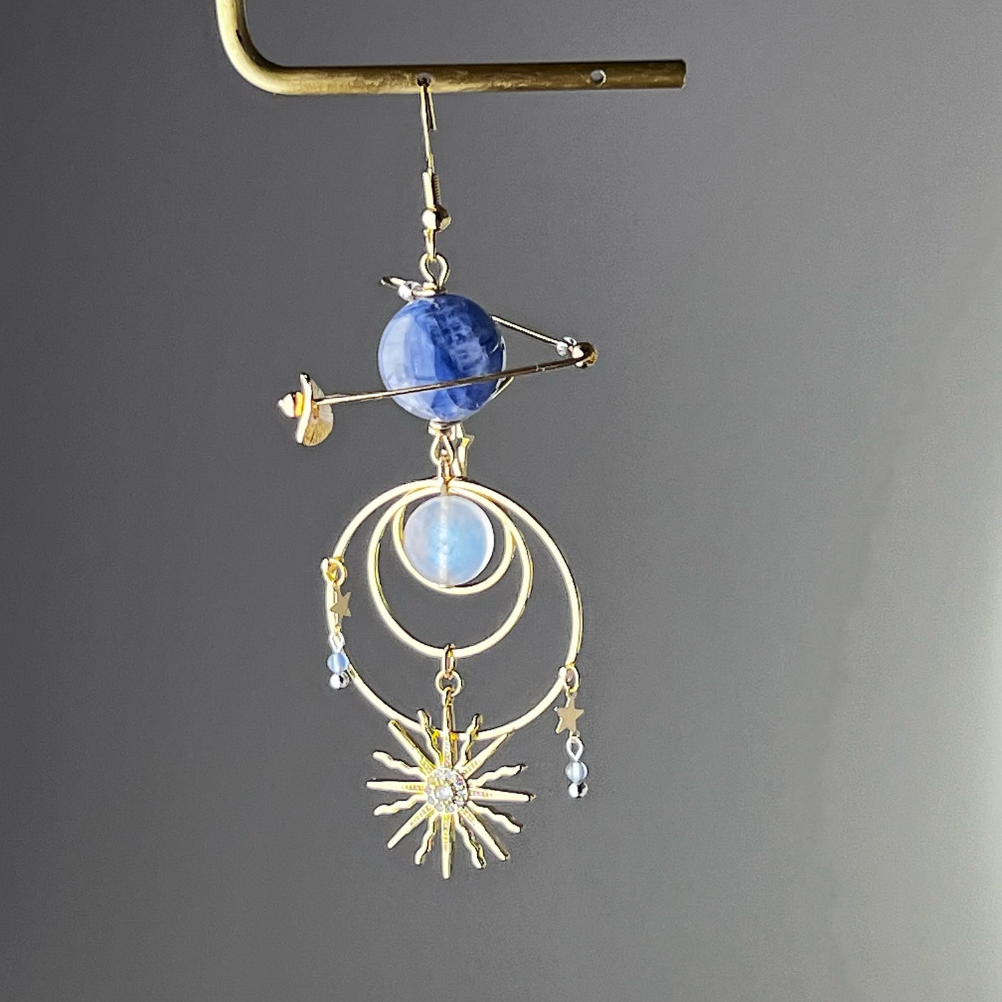 Blue Kyanite Neptune Planet Sun and Moonstone Earrings-Ninaouity