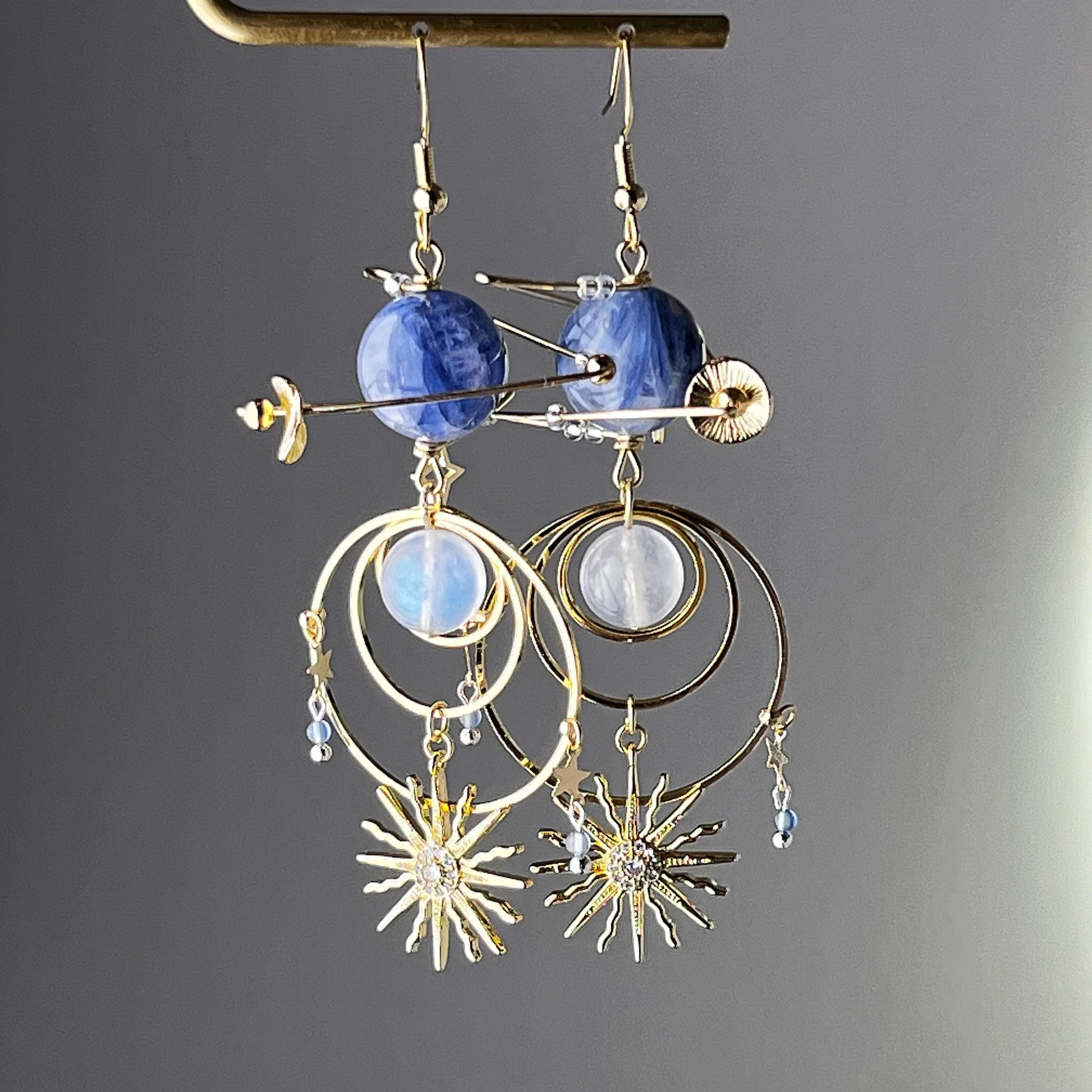 Blue Kyanite Neptune Planet Sun and Moonstone Earrings-Ninaouity