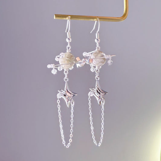 Silver White Phantom Quartz Planet and Polaris Earrings-Ninaouity