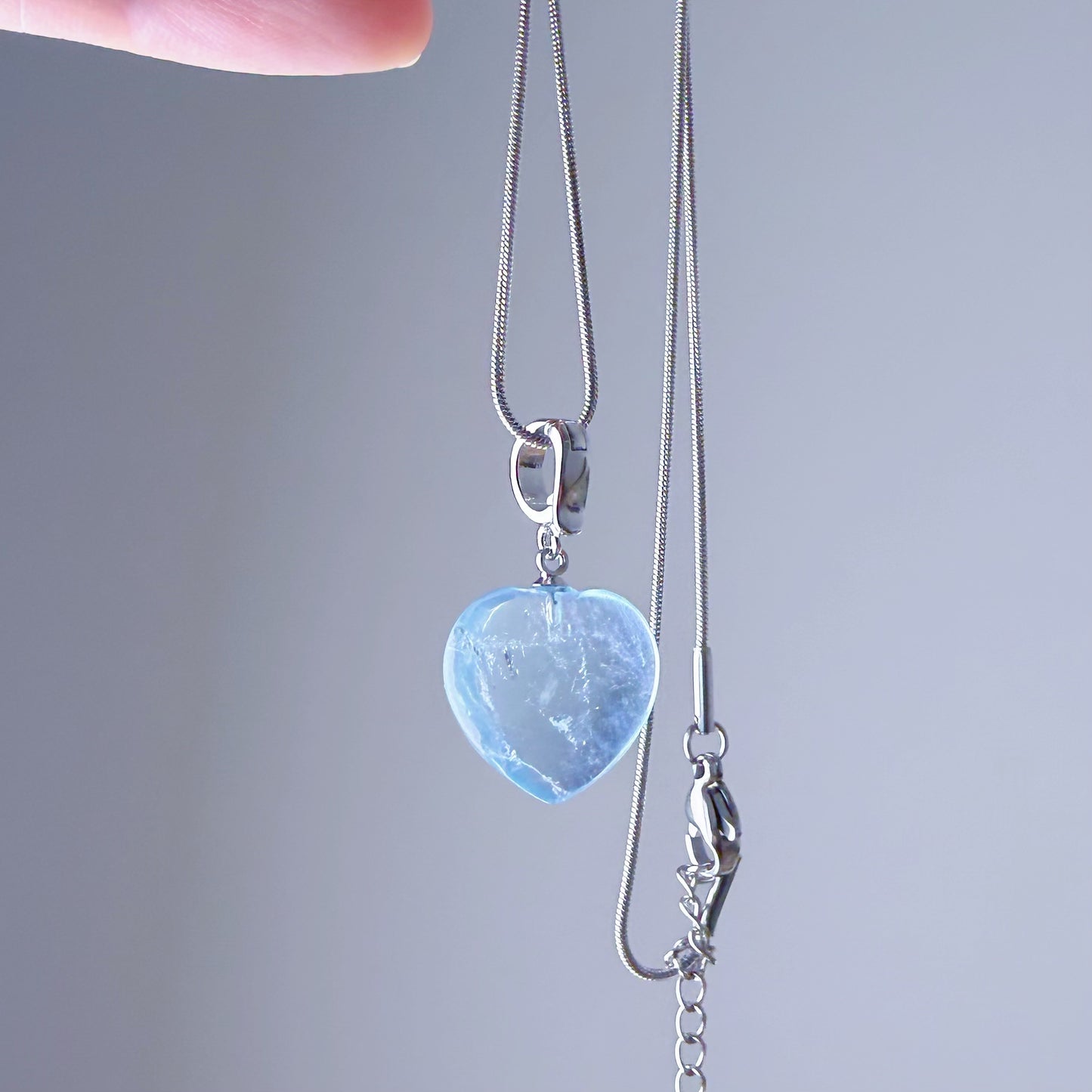 Quartzberry - Natural Clear Blue Aquamarine Heart Shape Crystal Necklace - One-of-a-kind