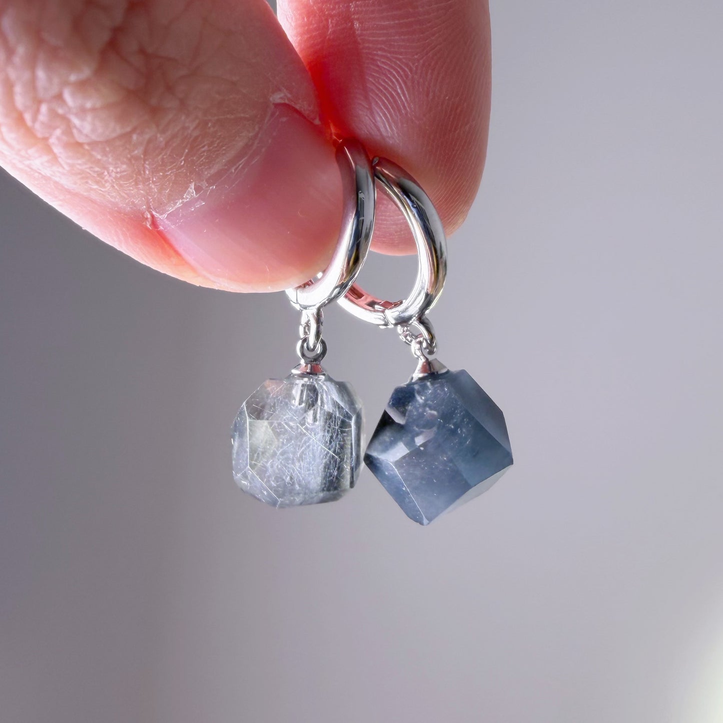 Quartzberry - Natural Navy Blue Rutilated Quartz Crystal Hoops Earrings - One-of-a-kind