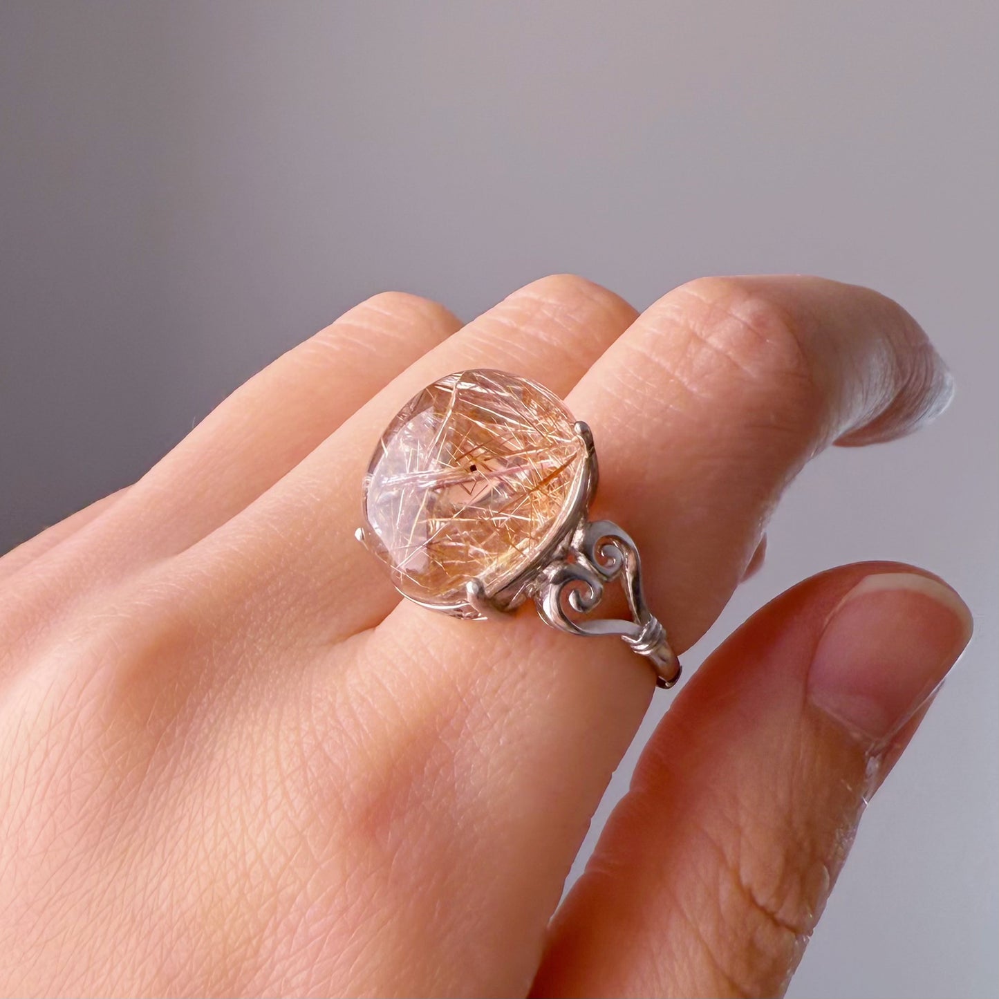 Handmade Natural Rose Gold Rutilated Quartz Crystal Silver Ring