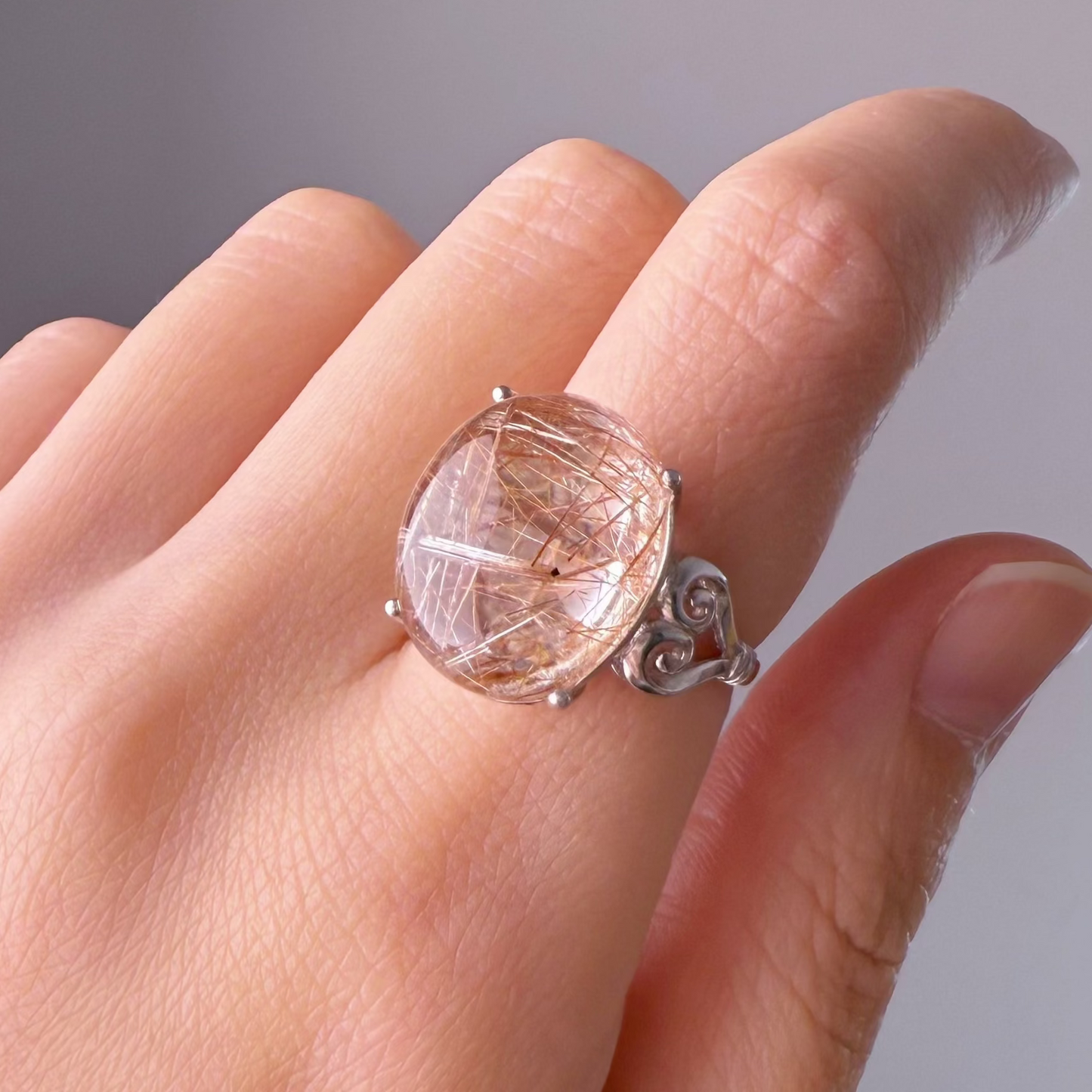 Handmade Natural Rose Gold Rutilated Quartz Crystal Silver Ring